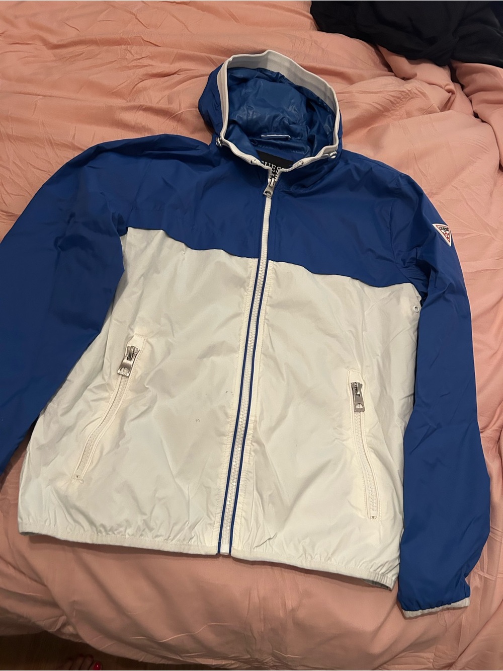 Guess Blue and White Colorblock Hooded Windbreaker